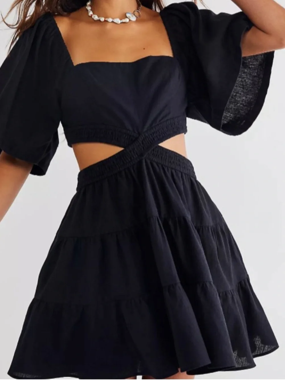 Free People Cross of Sunlight Cutout Mini Dress Black Pockets Size Medium